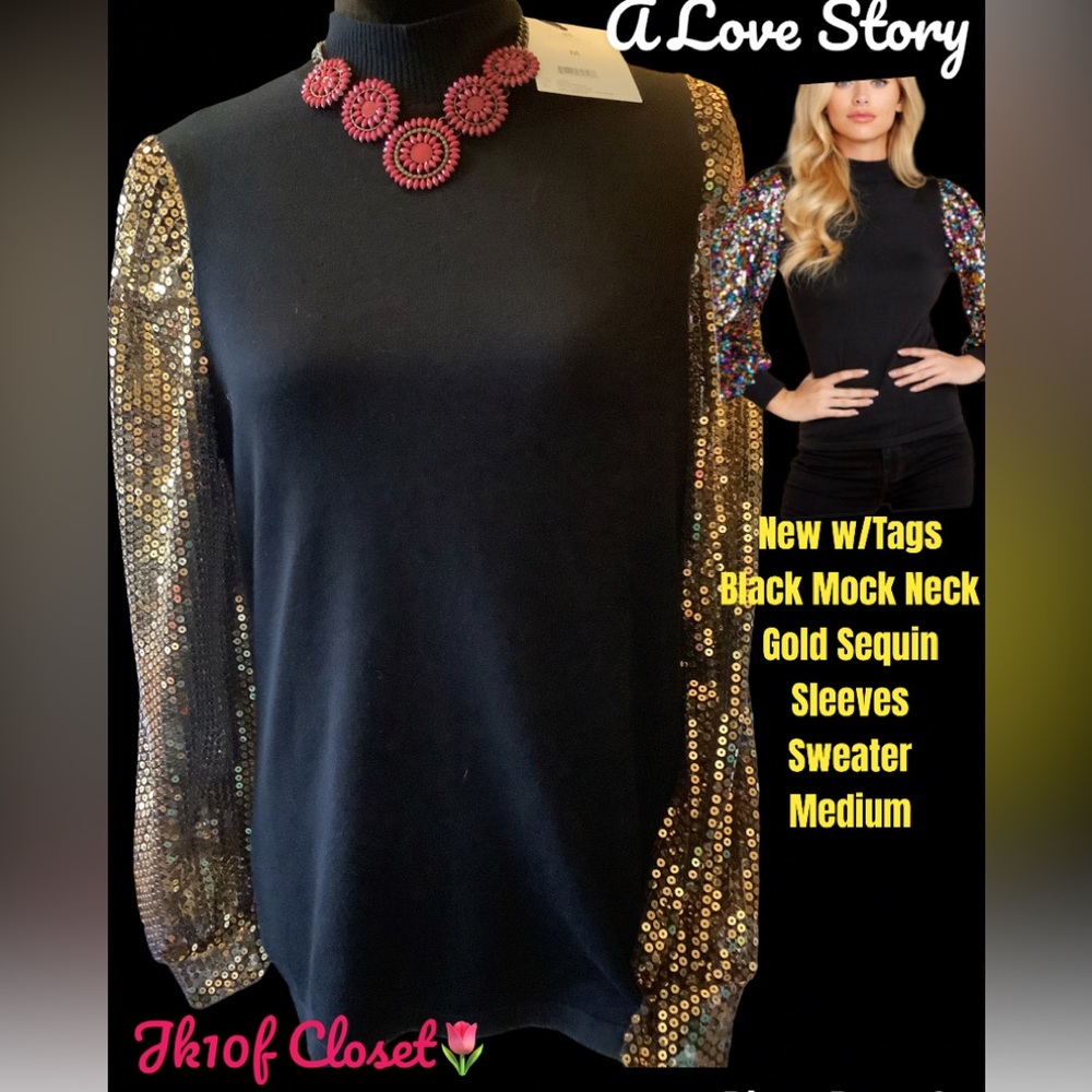 LOWEST🌺 NWT A Love Story MED BLACK w/ GOLD SEQUIN SLEEVES SWEATER